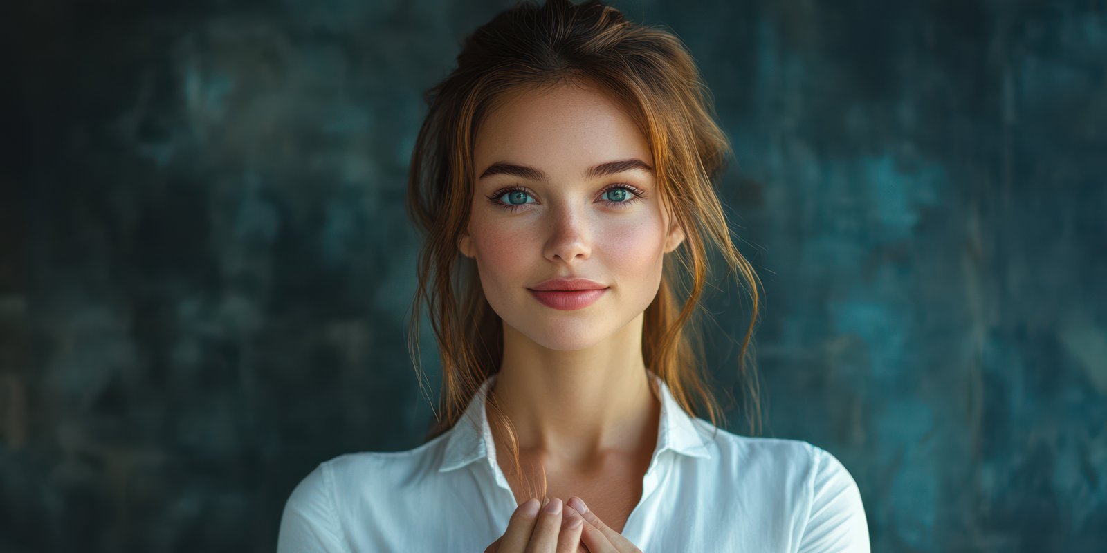 Portrait of a woman with bright blue eyes and long hair, standing in a softly lit room with a textured background